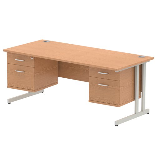 Impulse 1800 Rectangle Silver Cant Leg Desk OAK 2 x 2 Drawer Fixed Ped