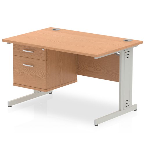 Impulse 1200 x 800mm Straight Office Desk Oak Top Silver Cable Managed Leg Workstation 1 x 2 Drawer Fixed Pedestal