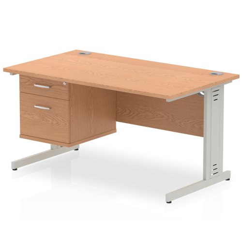 Impulse 1400 x 800mm Straight Office Desk Oak Top Silver Cable Managed Leg Workstation 1 x 2 Drawer Fixed Pedestal