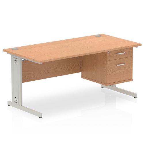 Impulse 1600 x 800mm Straight Office Desk Oak Top Silver Cable Managed Leg Workstation 1 x 2 Drawer Fixed Pedestal