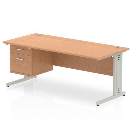 Impulse 1800 x 800mm Straight Office Desk Oak Top Silver Cable Managed Leg Workstation 1 x 2 Drawer Fixed Pedestal