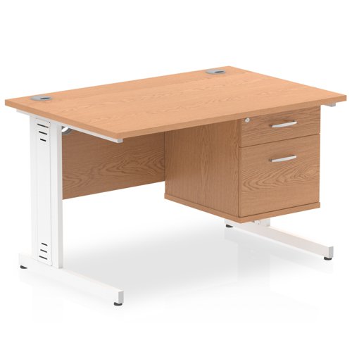 Impulse 1200 x 800mm Straight Office Desk Oak Top White Cable Managed Leg Workstation 1 x 2 Drawer Fixed Pedestal