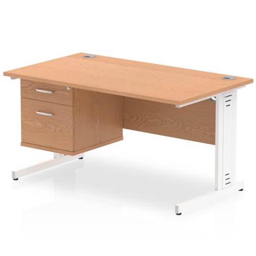 Impulse 1400 x 800mm Straight Office Desk Oak Top White Cable Managed Leg Workstation 1 x 2 Drawer Fixed Pedestal