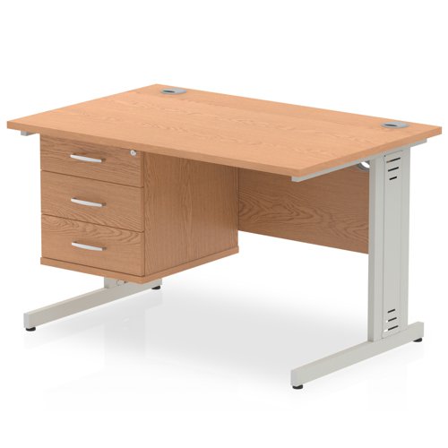 Impulse 1200 x 800mm Straight Office Desk Oak Top Silver Cable Managed Leg Workstation 1 x 3 Drawer Fixed Pedestal