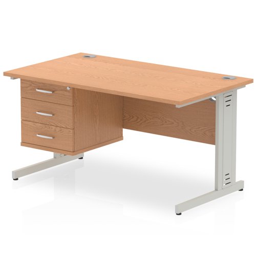 Impulse 1400 x 800mm Straight Office Desk Oak Top Silver Cable Managed Leg Workstation 1 x 3 Drawer Fixed Pedestal