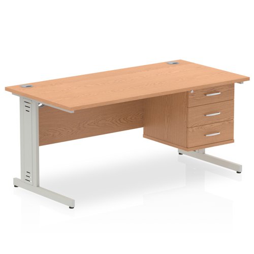 Impulse 1600 x 800mm Straight Office Desk Oak Top Silver Cable Managed Leg Workstation 1 x 3 Drawer Fixed Pedestal