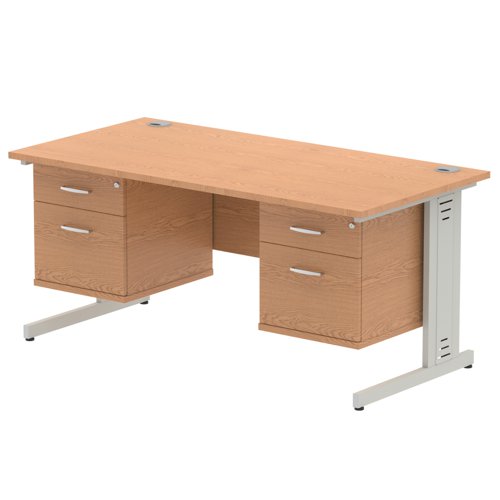 Impulse 1600 x 800mm Straight Office Desk Oak Top Silver Cable Managed Leg Workstation 2 x 2 Drawer Fixed Pedestal