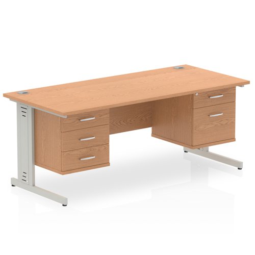 Impulse 1800 x 800mm Straight Office Desk Oak Top Silver Cable Managed Leg Workstation 1 x 2 Drawer 1 x 3 Drawer Fixed Pedestal