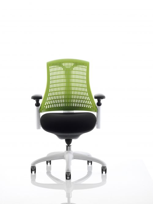 Flex Task Operator Chair White Frame Black Fabric Seat With Green Back With Arms