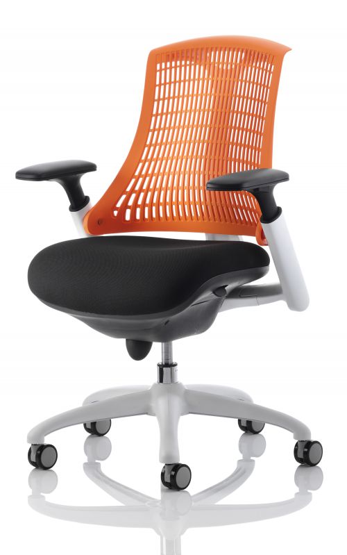 Flex Task Operator Chair White Frame Black Fabric Back With Orange Back With Arms
