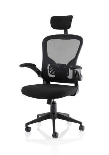 17121DY - Ace Executive Mesh Back Office Chair With Folding Arms Fabric Seat Black - OP000317