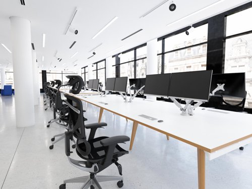 Oslo 1400mm B2B Office Bench Desk Ext Kit White Top Natural Wood Edge White Frame