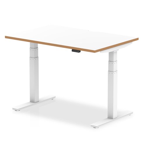 Oslo 1200mm Height Adjustable Office Desk White Top Natural Wood Edge White Frame