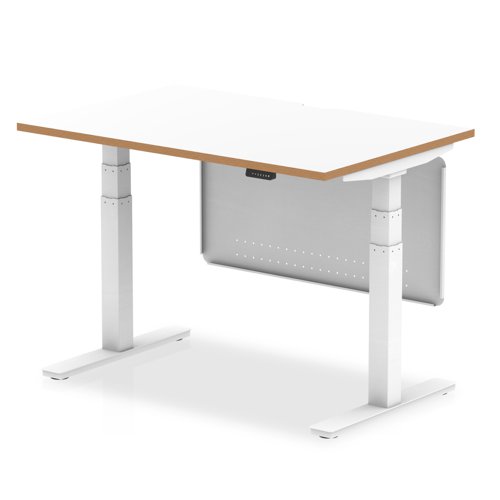 Oslo 1200mm Height Adjustable Desk White Top Natural Wood Edge White Frame With White Steel Modesty Panel