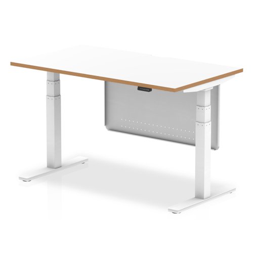 Oslo 1400mm Height Adjustable Desk White Top Natural Wood Edge White Frame With White Steel Modesty Panel