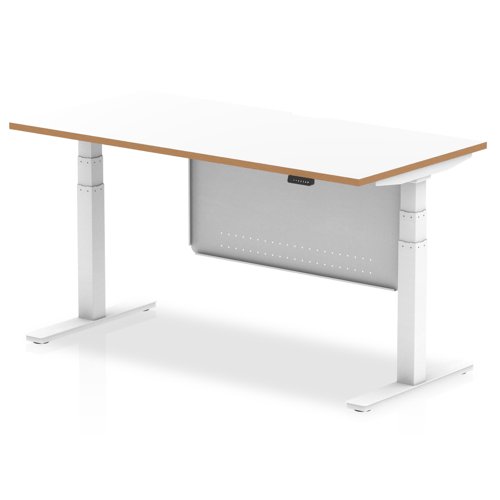 Oslo 1600mm Height Adjustable Desk White Top Natural Wood Edge White Frame With White Steel Modesty Panel