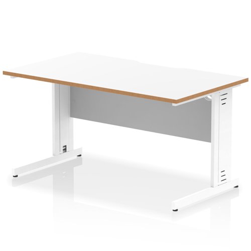 Oslo 1400 x 800mm Scalloped Edge Straight Office Desk White Top Natural Wood Edge White Cable Managed Leg