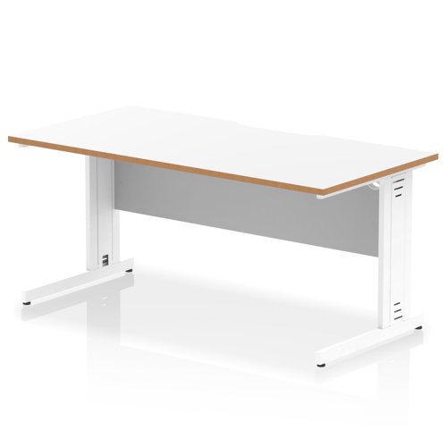 Oslo 1600 x 800mm Scalloped Edge Straight Office Desk White Top Natural Wood Edge White Cable Managed Leg