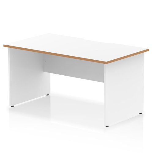 Oslo 1400 x 800mm Scalloped Edge Straight Office Desk White Top Natural Wood Edge White Panel End Leg