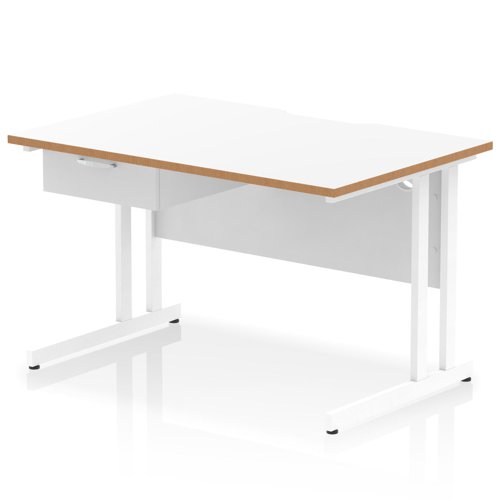 Oslo 1200 x 800mm Scalloped Edge Straight Office Desk White Top Natural Wood Edge White Cantilever Leg Workstation 1 x 1 Drawer Fixed Pedestal