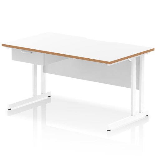 Oslo 1400 x 800mm Scalloped Edge Straight Office Desk White Top Natural Wood Edge White Cantilever Leg Workstation 1 x 1 Drawer Fixed Pedestal