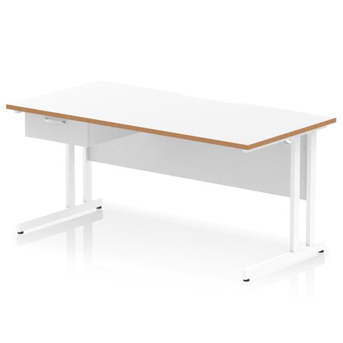 Oslo 1600 x 800mm Scalloped Edge Straight Office Desk White Top Natural Wood Edge White Cantilever Leg Workstation 1 x 1 Drawer Fixed Pedestal