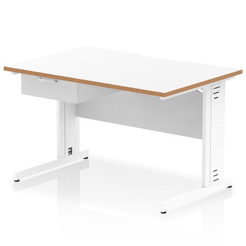 Oslo 1200 x 800mm Scalloped Edge Straight Office Desk White Top Natural Wood Edge White Cable Managed Leg Workstation 1 x 1 Drawer Fixed Pedestal