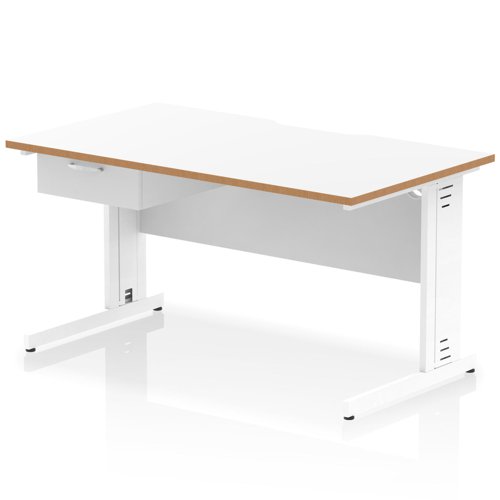 Oslo 1400 x 800mm Scalloped Edge Straight Office Desk White Top Natural Wood Edge White Cable Managed Leg Workstation 1 x 1 Drawer Fixed Pedestal