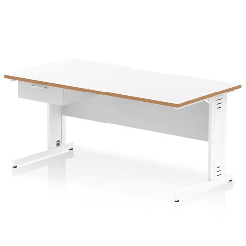 Oslo 1600 x 800mm Scalloped Edge Straight Office Desk White Top Natural Wood Edge White Cable Managed Leg Workstation 1 x 1 Drawer Fixed Pedestal