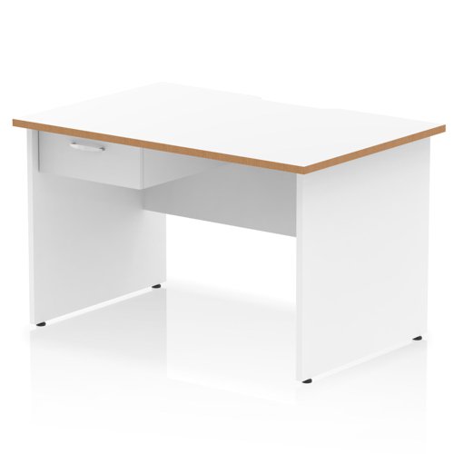 Oslo 1200 x 800mm Scalloped Edge Straight Office Desk White Top Natural Wood Edge White Panel End Leg Workstation 1 x 1 Drawer Fixed Pedestal