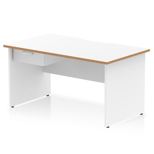 Oslo 1400 x 800mm Scalloped Edge Straight Office Desk White Top Natural Wood Edge White Panel End Leg Workstation 1 x 1 Drawer Fixed Pedestal