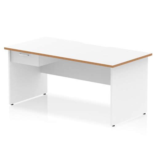 Oslo 1600 x 800mm Scalloped Edge Straight Office Desk White Top Natural Wood Edge White Panel End Leg Workstation 1 x 1 Drawer Fixed Pedestal