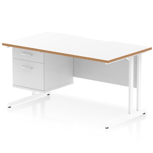 Oslo 1400 x 800mm Scalloped Edge Straight Office Desk White Top Natural Wood Edge White Cantilever Leg Workstation 1 x 2 Drawer Fixed Pedestal