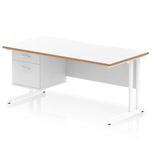 Oslo 1600 x 800mm Scalloped Edge Straight Office Desk White Top Natural Wood Edge White Cantilever Leg Workstation 1 x 2 Drawer Fixed Pedestal