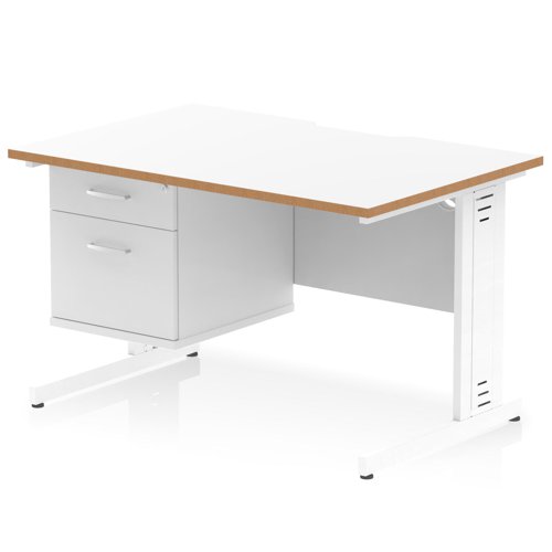 Oslo 1200 x 800mm Scalloped Edge Straight Office Desk White Top Natural Wood Edge White Cable Managed Leg Workstation 1 x 2 Drawer Fixed Pedestal