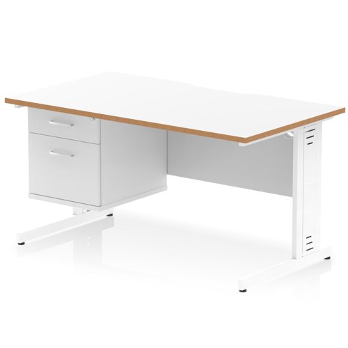 Oslo 1400 x 800mm Scalloped Edge Straight Office Desk White Top Natural Wood Edge White Cable Managed Leg Workstation 1 x 2 Drawer Fixed Pedestal