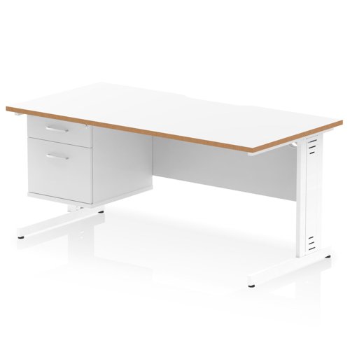 Oslo 1600 x 800mm Scalloped Edge Straight Office Desk White Top Natural Wood Edge White Cable Managed Leg Workstation 1 x 2 Drawer Fixed Pedestal