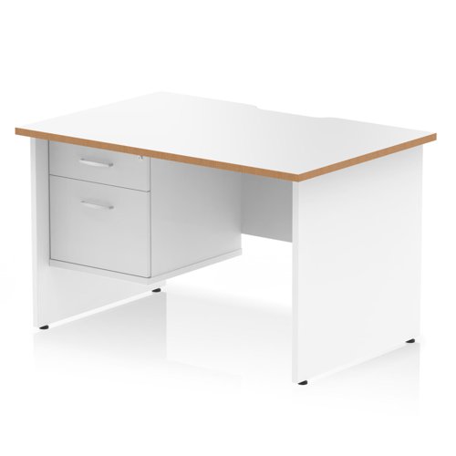 Oslo 1200 x 800mm Scalloped Edge Straight Office Desk White Top Natural Wood Edge White Panel End Leg Workstation 1 x 2 Drawer Fixed Pedestal