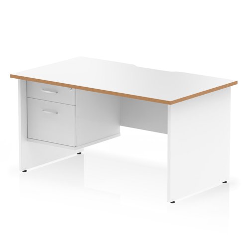 Oslo 1400 x 800mm Scalloped Edge Straight Office Desk White Top Natural Wood Edge White Panel End Leg Workstation 1 x 2 Drawer Fixed Pedestal