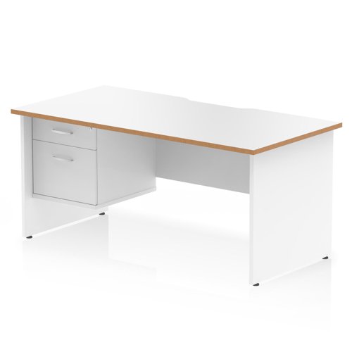 Oslo 1600 x 800mm Scalloped Edge Straight Office Desk White Top Natural Wood Edge White Panel End Leg Workstation 1 x 2 Drawer Fixed Pedestal