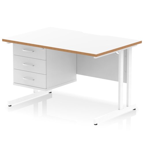 Oslo 1200 x 800mm Scalloped Edge Straight Office Desk White Top Natural Wood Edge White Cantilever Leg Workstation 1 x 3 Drawer Fixed Pedestal