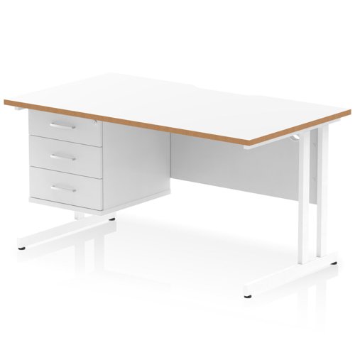 Oslo 1400 x 800mm Scalloped Edge Straight Office Desk White Top Natural Wood Edge White Cantilever Leg Workstation 1 x 3 Drawer Fixed Pedestal