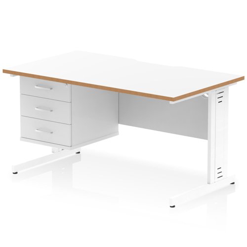 Oslo 1400 x 800mm Scalloped Edge Straight Office Desk White Top Natural Wood Edge White Cable Managed Leg Workstation 1 x 3 Drawer Fixed Pedestal