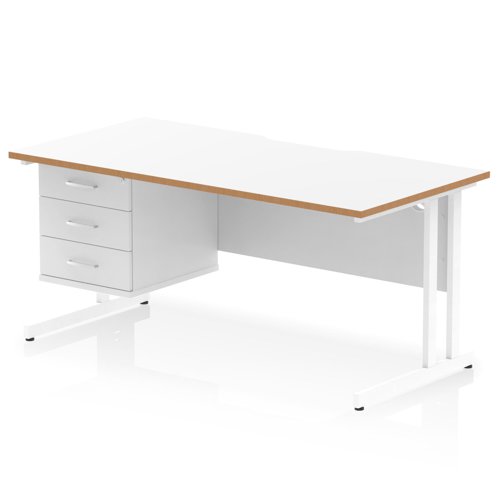 Oslo 1600 x 800mm Scalloped Edge Straight Office Desk White Top Natural Wood Edge White Cable Managed Leg Workstation 1 x 3 Drawer Fixed Pedestal