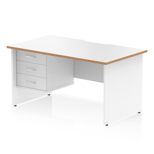 Oslo 1400 x 800mm Scalloped Edge Straight Office Desk White Top Natural Wood Edge White Panel End Leg Workstation 1 x 3 Drawer Fixed Pedestal