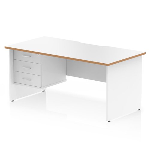 Oslo 1600 x 800mm Scalloped Edge Straight Office Desk White Top Natural Wood Edge White Panel End Leg Workstation 1 x 3 Drawer Fixed Pedestal