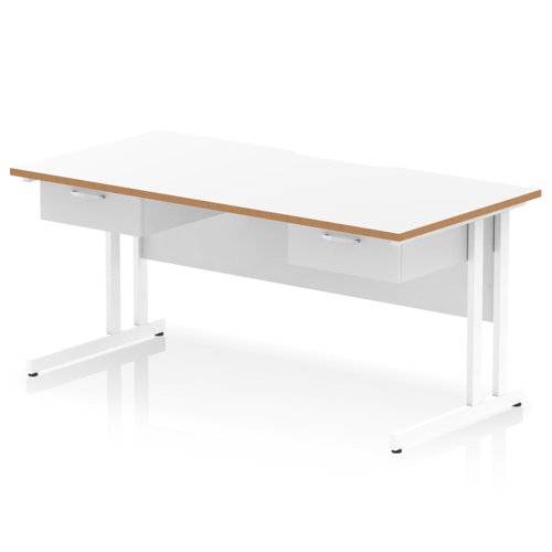 Oslo 1600 x 800mm Scalloped Edge Straight Office Desk White Top Natural Wood Edge White Cantilever Leg Workstation 2 x 1 Drawer Fixed Pedestal