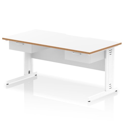 Oslo 1600 x 800mm Scalloped Edge Straight Office Desk White Top Natural Wood Edge White Cable Managed Leg Workstation 2 x 1 Drawer Fixed Pedestal