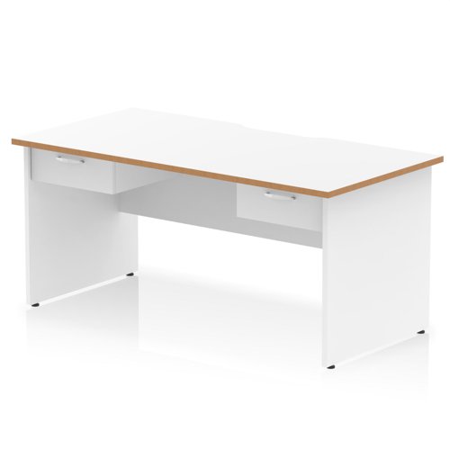 Oslo 1600 x 800mm Scalloped Edge Straight Office Desk White Top Natural Wood Edge White Panel End Leg Workstation 2 x 1 Drawer Fixed Pedestal