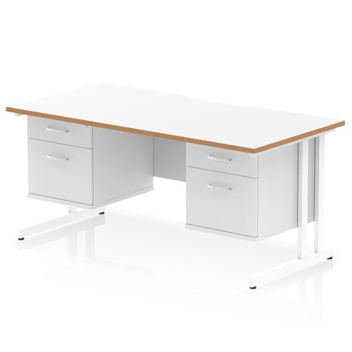 Oslo 1600 x 800mm Scalloped Edge Straight Office Desk White Top Natural Wood Edge White Cantilever Leg Workstation 2 x 2 Drawer Fixed Pedestal